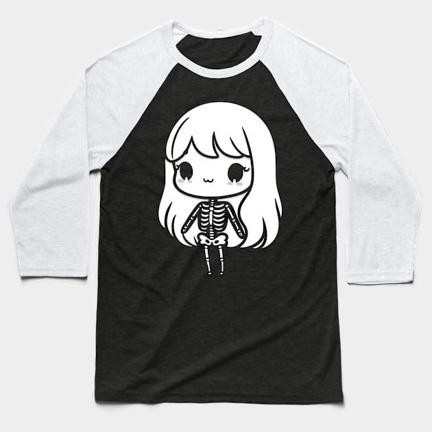 Cute Kawaii Skeleton Girl Design for Halloween Costume | Cute Skeleton Illustration Baseball T-Shirt by Nora Liak